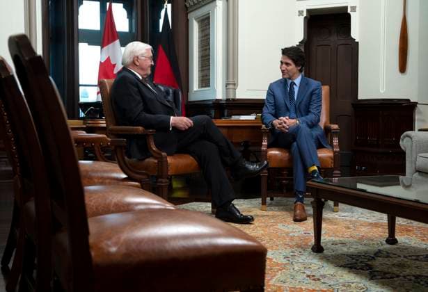 April 24, 2023, Ottawa, ON, Canada: Prime Minister Justin Trudeau speaks with German President Frank-Walter Steinmeier in his office on Parliament Hill, Monday, April 24, 2023 in Ottawa. Ottawa Canada  - ZUMAc35_ 20230424_zaf_c35_007 Copyright: xAdrianxWyldx