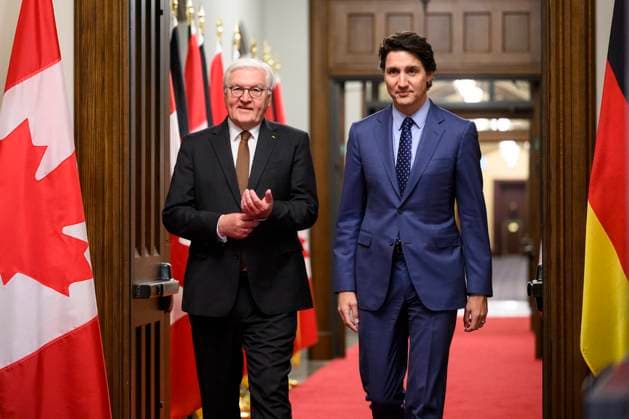 April 24, 2023, Ottawa, ON, CAN: Canada s Prime Minister Justin Trudeau and Germany President Frank-Walter Steinmeier arrive for a welcoming ceremony on Parliament Hill in Ottawa, on Monday, April 24, 2023. Ottawa CAN  - ZUMAc35_ 20230424_zaf_c35_011 Copyright: xJustinxTangx