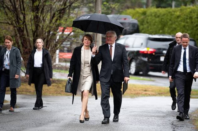 April 24, 2023, Ottawa, ON, Canada: German President Frank-Walter Steinmeier, right, arrives with his wife Elke BoÂ¼denbender at the official residence of the German Ambassador to Canada during an official visit in Ottawa, on Monday, April 24, 2023. Ottawa Canada  - ZUMAc35_ 20230424_zaf_c35_067 Copyright: xSpencerxColbyx