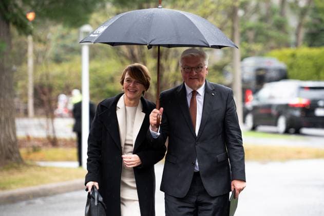 April 24, 2023, Ottawa, ON, Canada: German President Frank-Walter Steinmeier, right, arrives with his wife Elke BoÂ¼denbender at the official residence of the German Ambassador to Canada during an official visit in Ottawa, on Monday, April 24, 2023. Ottawa Canada  - ZUMAc35_ 20230424_zaf_c35_069 Copyright: xSpencerxColbyx