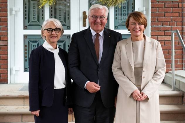 April 24, 2023, Ottawa, ON, Canada: Ambassador of Germany to Canada, Sabine Sparwasser, left, greets German President Frank-Walter Steinmeier, center, and his wife Elke BoÂ¼denbender at the official residence of the German Ambassador to Canada during an official visit in Ottawa, on Monday, April 24, 2023. Ottawa Canada  - ZUMAc35_ 20230424_zaf_c35_074 Copyright: xSpencerxColbyx