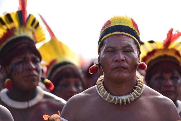 BRASÍLIA, DF - 24.04.2023: ACAMPAMENTO TERRA LIVRE EM BRASÍLIA - Photo, Indigenous people during the march to act in front of the National Congress. This Monday (24th) begins the 19th Free Land Camp (ATL) which will take place from April 24th to 28th in Brasilia. The camp will be attended by 6,000 indigenous people and more than 200 native peoples. x2364688x  TonxMolina