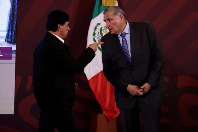 The Secretary of the Interior of Mexico presides over the press conference at the National Palace April 24, 2023, Mexico City, Mexico: The Secretary of the Interior of Mexico, Adan Augusto Lopez with the spokesman for the Presidency, Jesus Ramirez Cuevas at the morning conference of the President of Mexico, Andres Manuel Lopez Obrador, who is convalescing from Covid 19 in the National Palace in Mexico City. on April 24, 2023 in Mexico City, Mexico (Photo by Luis Barron Eyepix Group). Copyright: xLuisxBarronx xEyepixxGroupx LB20230424_ADAN_ALH6