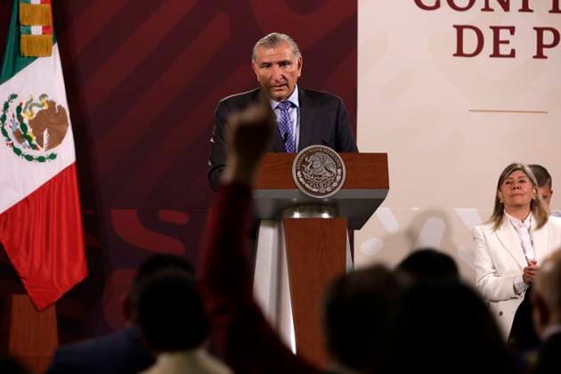 The Secretary of the Interior of Mexico presides over the press conference at the National Palace April 24, 2023, Mexico City, Mexico: The Secretary of the Interior of Mexico, Adan Augusto Lopez chairs the morning conference of the President of Mexico, Andres Manuel Lopez Obrador, who is convalescing from Covid 19 at the National Palace in Mexico City. on April 24, 2023 in Mexico City, Mexico (Photo by Luis Barron Eyepix Group). Copyright: xLuisxBarronx xEyepixxGroupx LB20230424_ADAN_ALH25