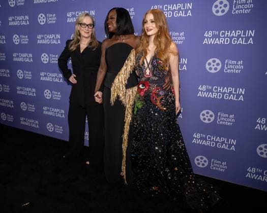 (L-R) Meryl Streep, Viola Davis, and Jessica Chastain arrive on the red carpet at the 48th Chaplin Award Gala honoring Viola Davis at Alice Tully Hall, Lincoln Center in New York City on Monday, April 24, 2023.  NYP20230424529 GabrielexHoltermann