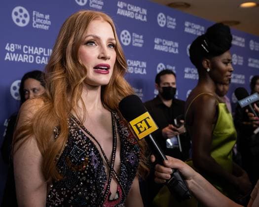 Jessica Chastain gives an interview on the red carpet at the 48th Chaplin Award Gala honoring Viola Davis at Alice Tully Hall, Lincoln Center in New York City on Monday, April 24, 2023.  NYP20230424535 GabrielexHoltermann