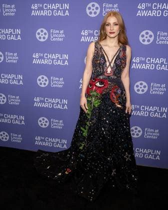 Jessica Chastain arrives on the red carpet at the 48th Chaplin Award Gala honoring Viola Davis at Alice Tully Hall, Lincoln Center in New York City on Monday, April 24, 2023.  NYP20230424522 GabrielexHoltermann