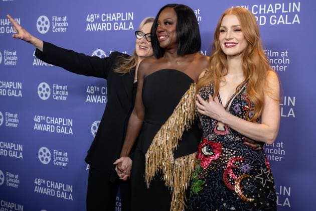 (L-R) Meryl Streep, Viola Davis, and Jessica Chastain arrive on the red carpet at the 48th Chaplin Award Gala honoring Viola Davis at Alice Tully Hall, Lincoln Center in New York City on Monday, April 24, 2023.  NYP20230424532 GabrielexHoltermann