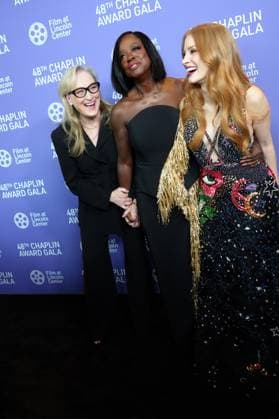 April 24, 2023, New York, NY, USA: MERYL STREEP, VIOLA DAVIS, and JESSICA CHASTAIN attend the 48th Chaplin Award Gala honoring Viola Davis, presented by Film at Lincoln Center,.Alice Tully Hall, Lincoln Center, NYCApril 24, 2023 .New York City..April 24, 2023. New York USA - ZUMAms4_ 20230424_zaf_ms4_012 Copyright: xSoniaxMoskowitzxGordonx