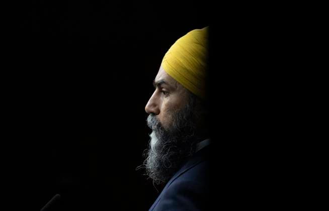 April 25, 2023, Ottawa, ON, Canada: New Democratic Party leader Jagmeet Singh is seen during a news conference on Parliament Hill, in Ottawa, Tuesday, April 25, 2023. Ottawa Canada  - ZUMAc35_ 20230425_zaf_c35_028 Copyright: xAdrianxWyldx