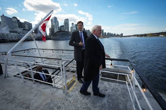 April 25, 2023, VANCOUVER, BC, CANADA: Germany President Frank-Walter Steinmeier, front right, tours the harbour on a boat and views port operations with British Columbia Premier David Eby, in Vancouver, on Tuesday, April 25, 2023. VANCOUVER CANADA - ZUMAc35_ 20230425_zaf_c35_130 Copyright: xDarrylxDyckx