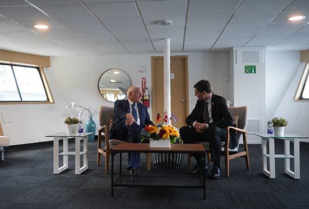 April 25, 2023, VANCOUVER, BC, CANADA: Germany President Frank-Walter Steinmeier, left, meets with British Columbia Premier David Eby on a boat before touring the harbour viewing port operations, in Vancouver, on Tuesday, April 25, 2023. VANCOUVER CANADA - ZUMAc35_ 20230425_zaf_c35_131 Copyright: xDarrylxDyckx