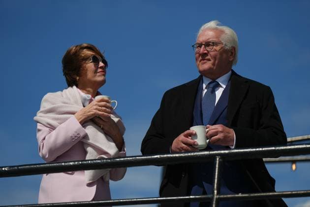 April 25, 2023, VANCOUVER, BC, CANADA: Germany President Frank-Walter Steinmeier, right, and his wife Elke Budenbender tour the harbour on a boat and view port operations, in Vancouver, on Tuesday, April 25, 2023. VANCOUVER CANADA - ZUMAc35_ 20230425_zaf_c35_134 Copyright: xDarrylxDyckx