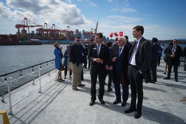 April 25, 2023, VANCOUVER, BC, CANADA: Germany President Frank-Walter Steinmeier, second right, tours the harbour on a boat and views port operations with British Columbia Premier David Eby, right, and Robin Silvester, President and CEO of the Vancouver Fraser Port Authority, in Vancouver, on Tuesday, April 25, 2023. VANCOUVER CANADA - ZUMAc35_ 20230425_zaf_c35_137 Copyright: xDarrylxDyckx