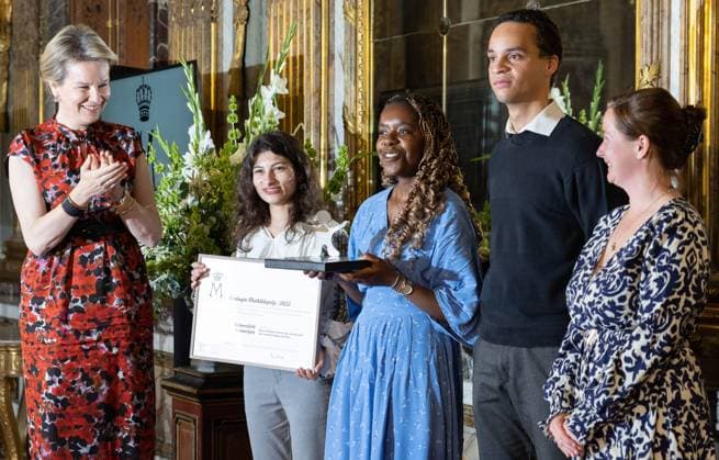 Queen Mathilde of Belgium pictured with the laureates of DIALS, diversity action plan 4 students at the presentation of the Queen Mathilde Prize ISEE IDEA IDO of the Queen Mathilde Fund, at the Royal Palace in Brussels, Wednesday 26 April 2023. The Queen Mathilde Fund annually supports dozens of initiatives in Belgium that empower socially vulnerable children and young people. The project call I SEE, IDEA, I DO specifically provides support and professional guidance to young people who are looking for solutions to local challenges and thus aims to encourage young people s entrepreneurship. Just before the award ceremony, the Queen had a meeting with the youth jury, which again selected the laureate of the Queen Mathilde Prize from vario  BENOITxDOPPAGNE 66109588