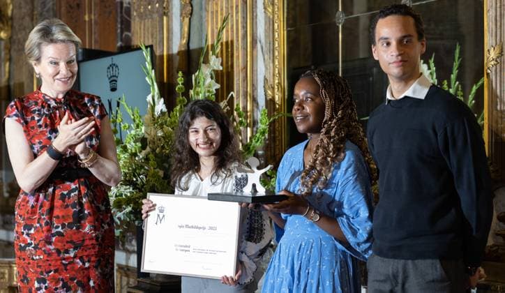 Queen Mathilde of Belgium pictured with the laureates of DIALS, diversity action plan 4 students at the presentation of the Queen Mathilde Prize ISEE IDEA IDO of the Queen Mathilde Fund, at the Royal Palace in Brussels, Wednesday 26 April 2023. The Queen Mathilde Fund annually supports dozens of initiatives in Belgium that empower socially vulnerable children and young people. The project call I SEE, IDEA, I DO specifically provides support and professional guidance to young people who are looking for solutions to local challenges and thus aims to encourage young people s entrepreneurship. Just before the award ceremony, the Queen had a meeting with the youth jury, which again selected the laureate of the Queen Mathilde Prize from vario  BENOITxDOPPAGNE 66109625