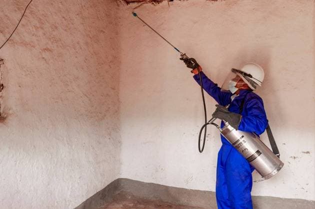 (230426) -- RUHANGO, April 26, 2023 -- A staff member sprays insecticides on the interior walls of a house in Ruhango District in southern Rwanda, April 21, 2023. Endemic districts have been the target in a national drive to end malaria in Rwanda. The campaign involves spraying insecticides on the interior walls and surfaces of households in the districts worst affected by malaria, according to the (RBC). TO GO WITH Feature: Indoor spraying helping to end malaria in Rwanda ( Handout via Xinhua) RWANDA-RUHANGO-MALARIA CONTROL-INDOOR SPRAYING RwandaxBiomedicalxCenter 