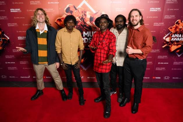 2023 APRA MUSIC AWARDS, Roy Kellaway, Mandawuy Yunupingu, Yirrnga YunupiÅ?u and Watjarr Garmu of King Stingray arrive at the 2023 APRA Music Awards at the International Convention Centre, in Sydney, Thursday, April 27, 2023. ( NO ARCHIVING, EDITORIAL USE ONLY, NO USE IN BOOKS WITHOUT CONSENT SYDNEY NSW AUSTRALIA  Copyright: xJAMESxGOURLEYx 20230427001791446762