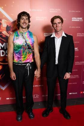 2023 APRA MUSIC AWARDS, Go-Jo (left) arrives at the 2023 APRA Music Awards at the International Convention Centre, in Sydney, Thursday, April 27, 2023. ( NO ARCHIVING, EDITORIAL USE ONLY, NO USE IN BOOKS WITHOUT CONSENT SYDNEY NSW AUSTRALIA  Copyright: xJAMESxGOURLEYx 20230427001791458527