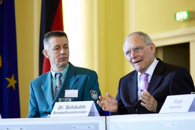 Customs duty annual press conference. Zolljahrespressekonferenz. Wolfgang Schaeuble (CDU), Federal Minister of Finance, sits aside Michael Schrader, head of the Main Customs Office Hamburg harbor, at Duty press confenrence in Berlin. Berlin, 22th March, 2013. Wolfgang Schäuble, Federal Minister of Finance, has presented the duty balance 2012 at Federal Ministry of Finance in Berlin. Berlin, 22. Maerz, 2013. Wolfgang Schäuble, Bundesminister der Finanzen, hat der Zollbilanz 2012 im Bundesministerium der Finanzen in Berlin vorgestellte. Copyright: xZoonar.com ReynaldoxPaganellix 4512883