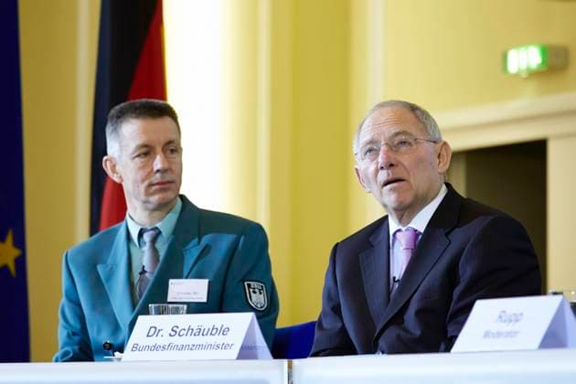 Customs duty annual press conference. Zolljahrespressekonferenz. Wolfgang Schaeuble (CDU), Federal Minister of Finance, sits aside Michael Schrader, head of the Main Customs Office Hamburg harbor, at Duty press confenrence in Berlin. Berlin, 22th March, 2013. Wolfgang Schäuble, Federal Minister of Finance, has presented the duty balance 2012 at Federal Ministry of Finance in Berlin. Berlin, 22. Maerz, 2013. Wolfgang Schäuble, Bundesminister der Finanzen, hat der Zollbilanz 2012 im Bundesministerium der Finanzen in Berlin vorgestellte. Copyright: xZoonar.com ReynaldoxPaganellix 4512930