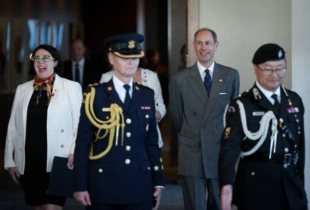 April 27, 2023, VANCOUVER, BC, CANADA: Prince Edward, Duke of Edinburgh, back right, and British Columbia Lt-Gov. Janet Austin, back left, arrive for a reception after presenting Duke of Edinburgh Gold Awards of Achievement to youth, in Vancouver, on Thursday, April 27, 2023. VANCOUVER CANADA - ZUMAc35_ 20230427_zaf_c35_106 Copyright: xDarrylxDyckx