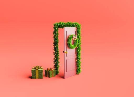 A 3d rendering of a door with Christmas ornaments and presents on the floor. *** einer 3d Tierkörperverwertung des einer Tür mit Weihnachten Verzierungen und präsentiert am der Boden 3099706