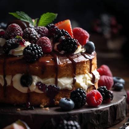 RECORD DATE NOT STATED An AI generated illustration of a decadent cake featuring a cream and berry topping *** An&Verkauf AI generiert illustrierung des einer dekadent Kuchen featuring einer Creme und Beere aufrichte 19301751
