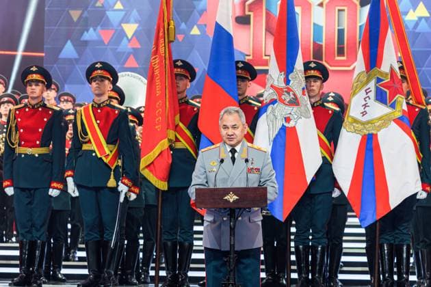 RUSSIA, MOSCOW - APRIL 29, 2023: Russia s Defence Minister Sergei Shoigu speaks at a concert marking the centenary of the CSKA sports club at the Central Academic Theatre of the Russian Army. Vadim Savitsky Russian Defence Ministry Press Office TASS  58742147