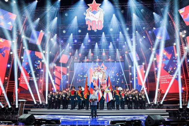 RUSSIA, MOSCOW - APRIL 29, 2023: Russia s Defence Minister Sergei Shoigu (C) speaks at a concert marking the centenary of the CSKA sports club at the Central Academic Theatre of the Russian Army. Vadim Savitsky Russian Defence Ministry Press Office TASS  58742412