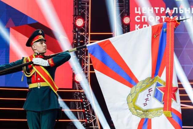 RUSSIA, MOSCOW - APRIL 29, 2023: A soldier with a banner is seen during a cermony in which Russia s Defence Minister Shoigu (not pictured) awarded Russia s Order of Alexander Nevsky to the CSKA sports club at a concert marking CSKA s centenary at the Central Academic Theatre of the Russian Army. Vadim Savitsky Russian Defence Ministry Press Office TASS  58742833