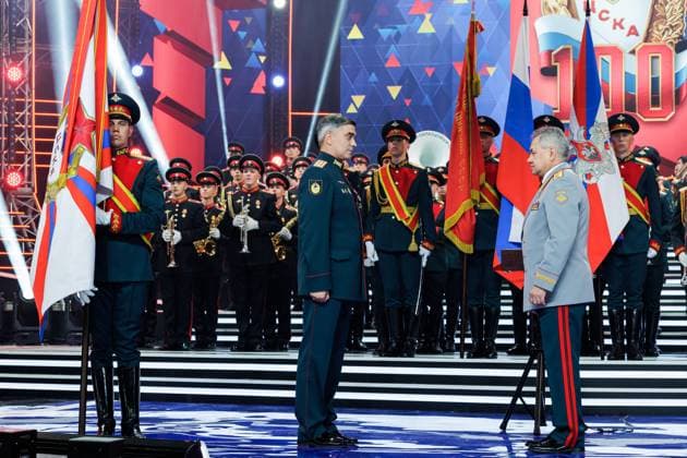 RUSSIA, MOSCOW - APRIL 29, 2023: CSKA head Artyom Gromov (C) and Russia s Defence Minister Sergei Shoigu (R) are seen at a concert marking the centenary of the CSKA sports club at the Central Academic Theatre of the Russian Army. Vadim Savitsky Russian Defence Ministry Press Office TASS  58742834