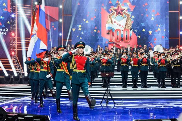 RUSSIA, MOSCOW - APRIL 29, 2023: An Honour Guard with a flag march at a concert marking the centenary of the CSKA sports club at the Central Academic Theatre of the Russian Army. Vadim Savitsky Russian Defence Ministry Press Office TASS  58742982