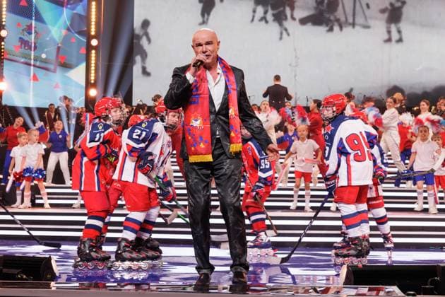 RUSSIA, MOSCOW - APRIL 29, 2023: Singer Sergei Mazayev performs in a concert marking the centenary of the CSKA sports club at the Central Academic Theatre of the Russian Army. Vadim Savitsky Russian Defence Ministry Press Office TASS  58743242