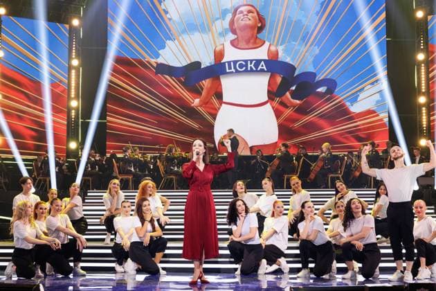 RUSSIA, MOSCOW - APRIL 29, 2023: A singer performs in a concert marking the centenary of the CSKA sports club at the Central Academic Theatre of the Russian Army. Vadim Savitsky Russian Defence Ministry Press Office TASS  58743243