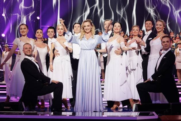 RUSSIA, MOSCOW - APRIL 29, 2023: Singer Yelena Maksimova (C) performs in a concert marking the centenary of the CSKA sports club at the Central Academic Theatre of the Russian Army. Vadim Savitsky Russian Defence Ministry Press Office TASS  58743312