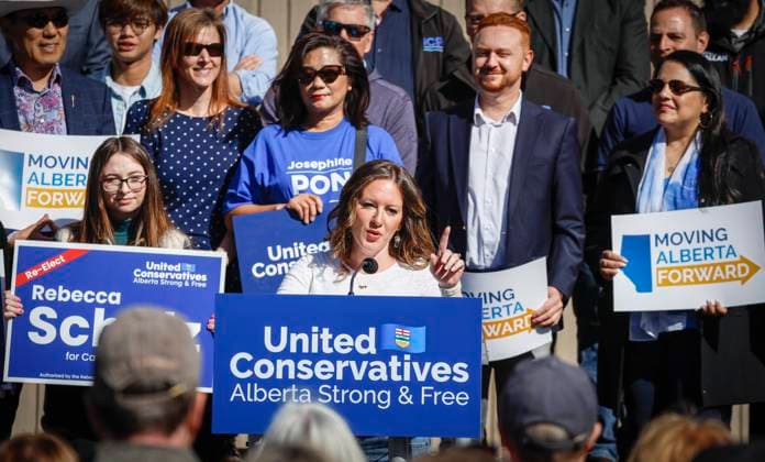 April 29, 2023, Calgary, AB, CANADA: United Conservative Party MLA Rebecca Schulz speaks at a campaign launch rally in Calgary, Alta., Saturday, April 29, 2023. Albertans go to the poles in a provincial election in May. Calgary CANADA  - ZUMAc35_ 20230429_zaf_c35_002 Copyright: xJeffxMcintoshx