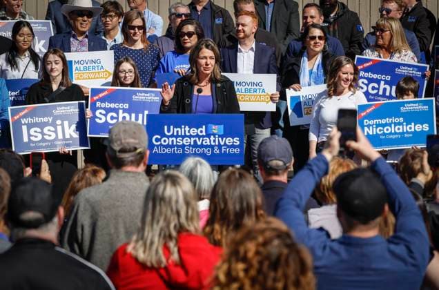 April 29, 2023, Calgary, AB, CANADA: United Conservative Party leader Danielle Smith, centre, speaks at a campaign launch rally in Calgary, Alta., Saturday, April 29, 2023. Albertans go to the poles in a provincial election in May. Calgary CANADA - ZUMAc35_ 20230429_zaf_c35_006 Copyright: xJeffxMcintoshx