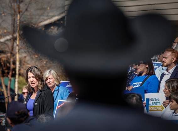 April 29, 2023, Calgary, AB, CANADA: United Conservative Party leader Danielle Smith, left, speaks at a campaign launch rally in Calgary, Alta., Saturday, April 29, 2023. Albertans go to the poles in a provincial election in May. Calgary CANADA - ZUMAc35_ 20230429_zaf_c35_007 Copyright: xJeffxMcintoshx