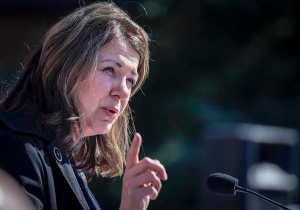 April 29, 2023, Calgary, AB, CANADA: United Conservative Party leader Danielle Smith speaks at a campaign launch rally in Calgary, Alta., Saturday, April 29, 2023. Albertans go to the poles in a provincial election in May. Calgary CANADA  - ZUMAc35_ 20230429_zaf_c35_009 Copyright: xJeffxMcintoshx
