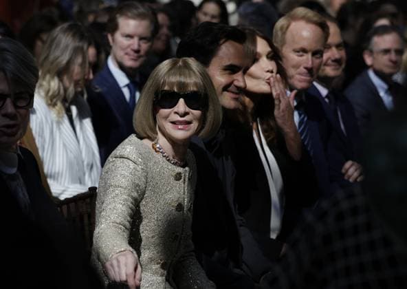 Anna Wintour, Roger Federer and Carla Bruni attend remarks before the Karl Lagerfeld: A Line of Beauty press preview on the morning before The Met Gala at The Metropolitan Museum of Art in New York City on Monday, May 1, 2023.  NYP202305019006 JOHNxANGELILLO
