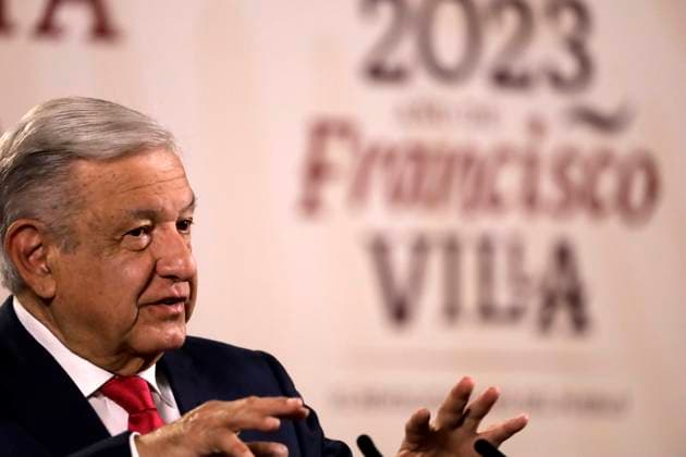 President of Mexico in press conference with reporters May 1, 2023, Mexico City, Mexico: The President of Mexico, Andres Manuel Lopez Obrador at the press conference before reporters at the National Palace in Mexico City. on May 1, 2023 in Mexico City, Mexico (Photo by Luis Barron Eyepix Group). Copyright: xLuisxBarronx xEyepixxGroupx LB_20230501_AMLO1