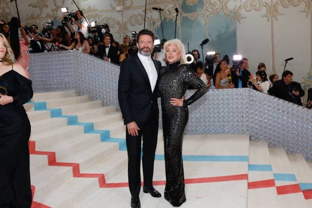(L-R) Hugh Jackman and Deborra-Lee Furness arrive on the red carpet for The Met Gala at The Metropolitan Museum of Art celebrating the opening of Karl Lagerfeld: A Line of Beauty in New York City on Monday, May 1, 2023.  NYP202305012927 JOHNxANGELILLO