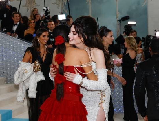Salma Hayek and Anne Hathaway arrive on the red carpet for The Met Gala at The Metropolitan Museum of Art celebrating the opening of Karl Lagerfeld: A Line of Beauty in New York City on Monday, May 1, 2023.  NYP202305012967 JOHNxANGELILLO