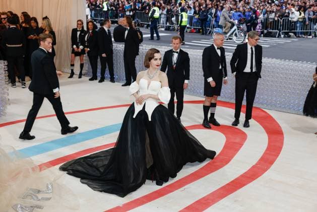 Lily Collins arrives on the red carpet for The Met Gala at The Metropolitan Museum of Art celebrating the opening of Karl Lagerfeld: A Line of Beauty in New York City on Monday, May 1, 2023.  NYP20230501207 JOHNxANGELILLO