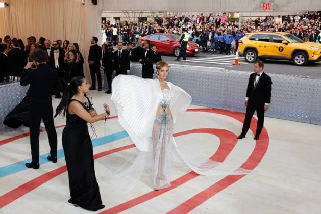 Amber Valetta arrives on the red carpet for The Met Gala at The Metropolitan Museum of Art celebrating the opening of Karl Lagerfeld: A Line of Beauty in New York City on Monday, May 1, 2023.  NYP20230501212 JOHNxANGELILLO