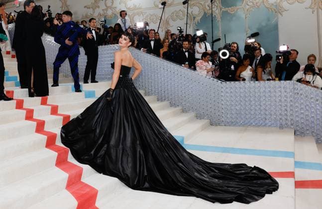 Lily James arrives on the red carpet for The Met Gala at The Metropolitan Museum of Art celebrating the opening of Karl Lagerfeld: A Line of Beauty in New York City on Monday, May 1, 2023.  NYP202305012086 JOHNxANGELILLO