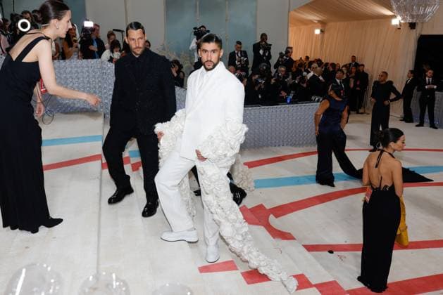 Bad Bunny arrives on the red carpet for The Met Gala at The Metropolitan Museum of Art celebrating the opening of Karl Lagerfeld: A Line of Beauty in New York City on Monday, May 1, 2023.  NYP20230501286 JOHNxANGELILLO