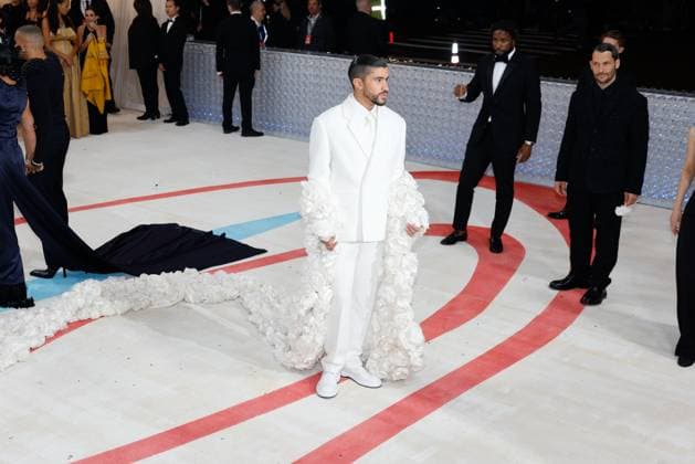 Bad Bunny arrives on the red carpet for The Met Gala at The Metropolitan Museum of Art celebrating the opening of Karl Lagerfeld: A Line of Beauty in New York City on Monday, May 1, 2023.  NYP20230501288 JOHNxANGELILLO