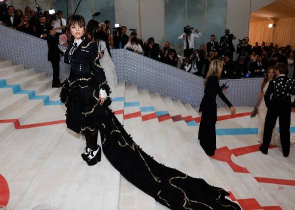 Jenna Ortega arrives on the red carpet for The Met Gala at The Metropolitan Museum of Art celebrating the opening of Karl Lagerfeld: A Line of Beauty in New York City on Monday, May 1, 2023.  NYP2023050139 JOHNxANGELILLO